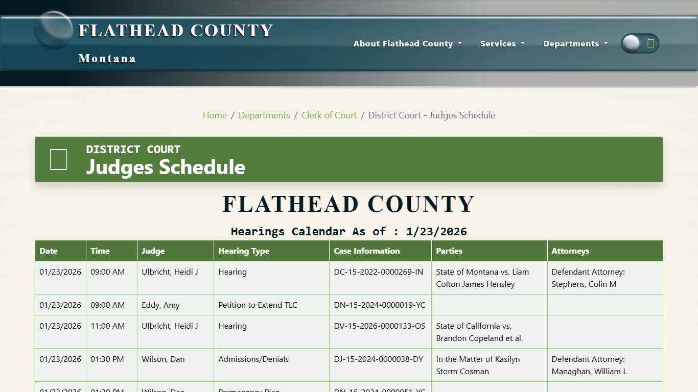District Court - Judges Schedule :: Flathead County